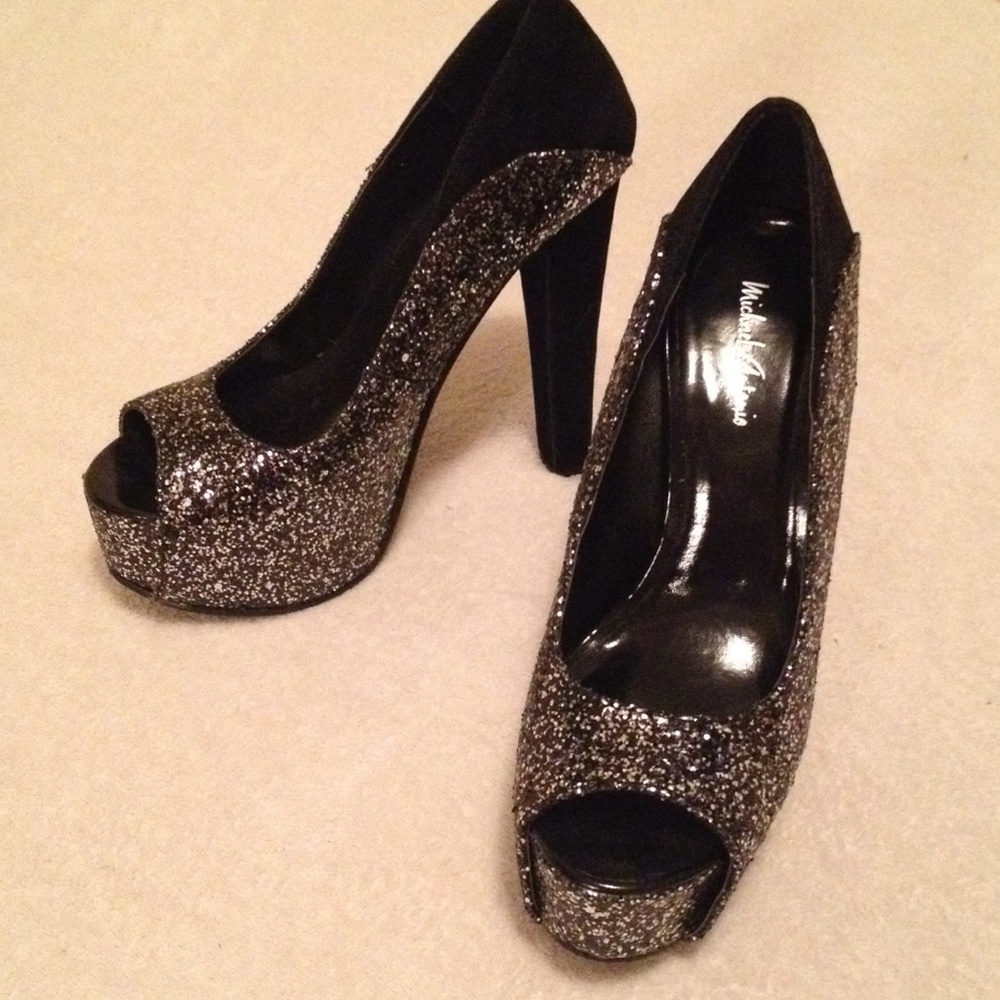 Michael Antonio Glitter Peep Toe Platform Heels - Picture 5 of 8